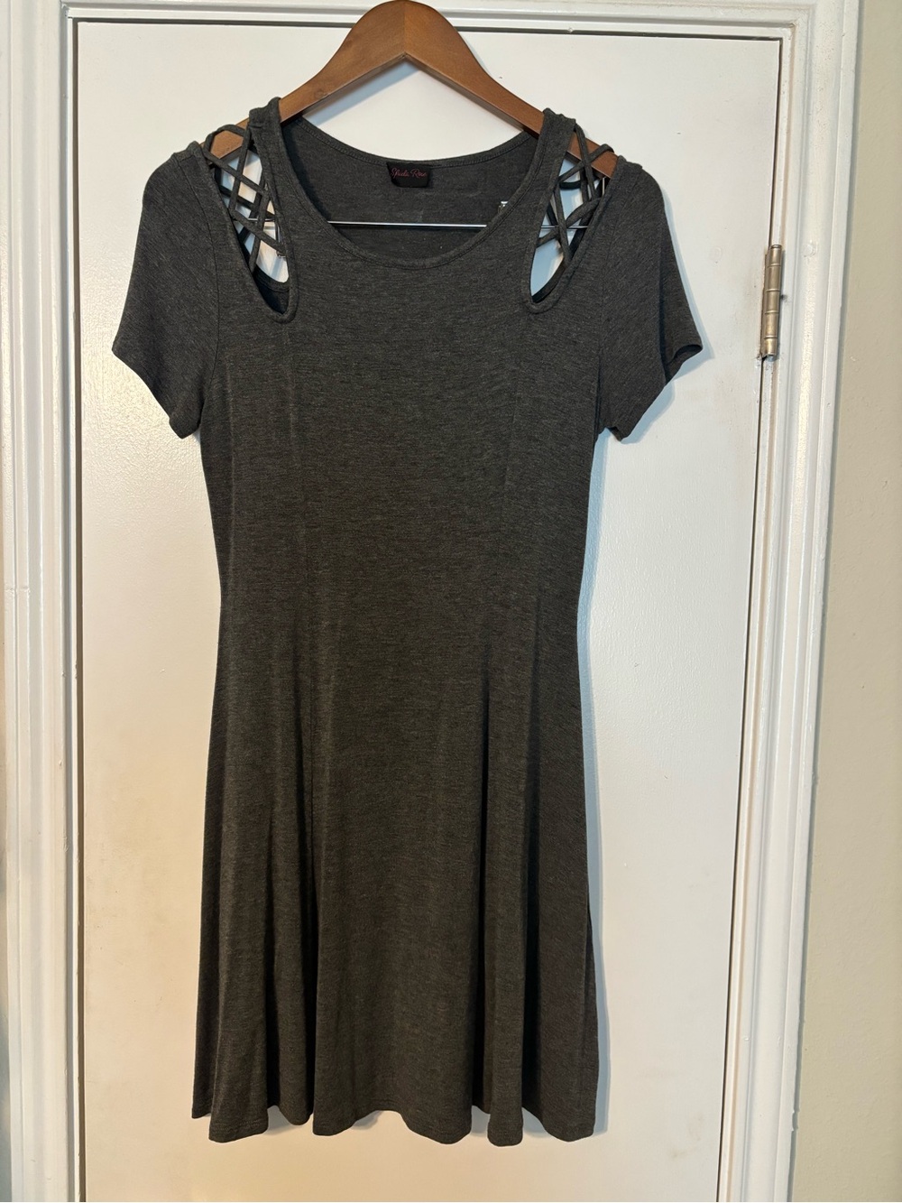 Lattice Shoulder Short Sleeve Dress - Charcoal Gray